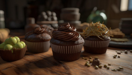 Freshly baked homemade muffins, a sweet indulgence generated by artificial intelligenceの素材