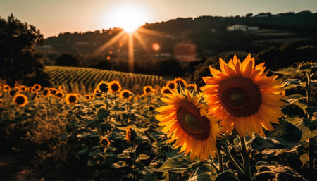 Sunflower blossoms in vibrant meadow at dawn generated by artificial intelligenceの素材
