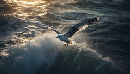 A seagull soars in mid air, spreading wings generated by artificial intelligenceの素材