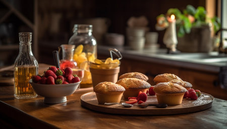 Freshly baked muffins on rustic wooden table generated by artificial intelligenceの素材