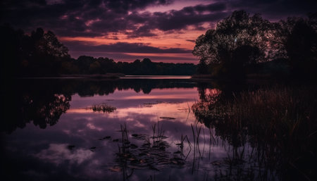 Tranquil scene: Reflection of autumn tree in pond generated by artificial intelligenceの素材