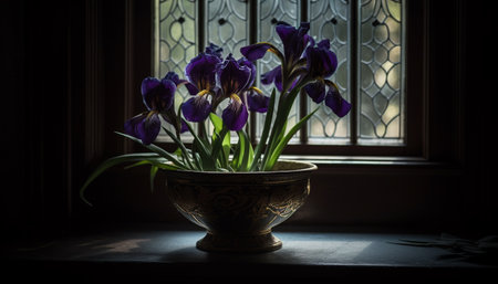 A fresh bouquet of purple blossoms decorates a table generated by artificial intelligenceの素材