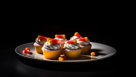 A gourmet cupcake with chocolate icing decoration generated by artificial intelligenceの素材