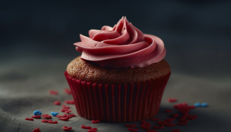 Cute pink cupcakes with chocolate icing decoration generated by artificial intelligenceの素材
