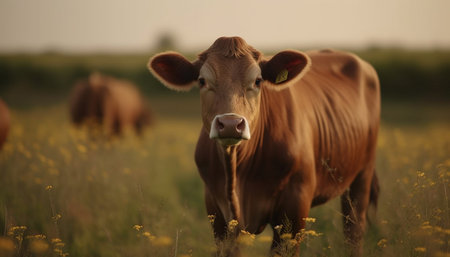 Cute cow grazing in green meadow at sunrise generated by artificial intelligenceの素材