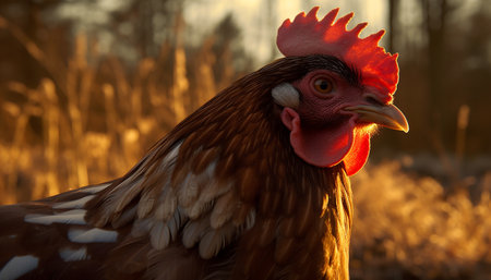 Rooster crows at dawn in rural farm generated by artificial intelligenceの素材