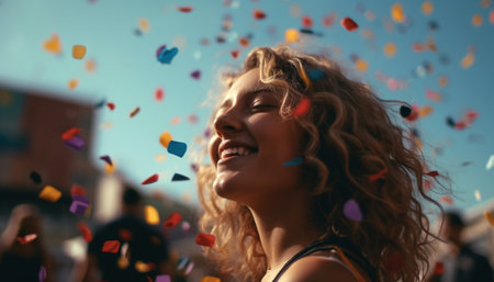 Carefree young women throw confetti, celebrating joyfully generated by artificial intelligenceの素材