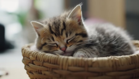 Fluffy kitten sleeping in comfortable basket indoors generated by artificial intelligenceの素材