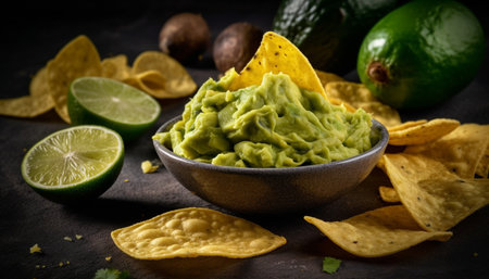 Fresh guacamole dip with cilantro and lime generated by artificial intelligenceの素材