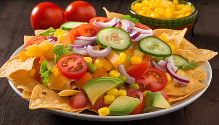 Fresh gourmet taco plate with healthy vegetables generated by artificial intelligenceの素材