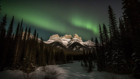 Majestic mountain range illuminated by starry night generated by artificial intelligenceの素材