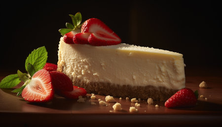 A gourmet cheesecake slice with fresh berries generated by artificial intelligenceの素材