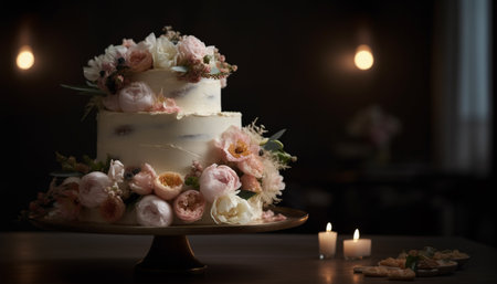 Elegant wedding cake decorated with fresh flowers generated by artificial intelligenceの素材