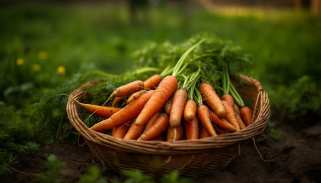 Healthy harvest of organic vegetables in rustic basket generated by artificial intelligence