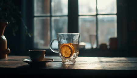 Hot coffee in rustic coffee shop window generated by artificial intelligenceの素材