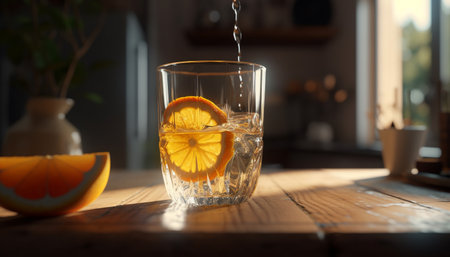 Refreshing citrus cocktail on rustic wooden table generated by artificial intelligenceの素材