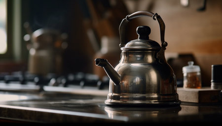 Shiny steel kitchenware department, boiling teapot steams generated by artificial intelligenceの素材