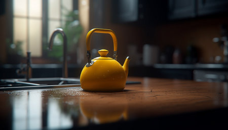 Hot tea poured from steel kettle on stove generated by artificial intelligenceの素材