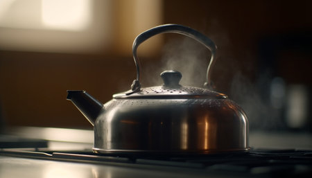 Hot tea steams from antique silver teapot generated by artificial intelligenceの素材