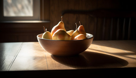 Ripe fruit bowl on rustic wooden table generated by artificial intelligenceの素材