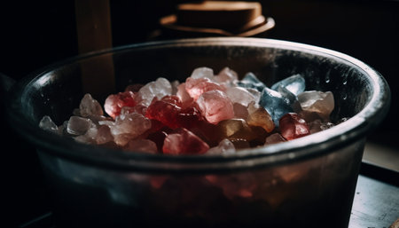 Crystal bowl holds fresh water with quartz generated by artificial intelligenceの素材
