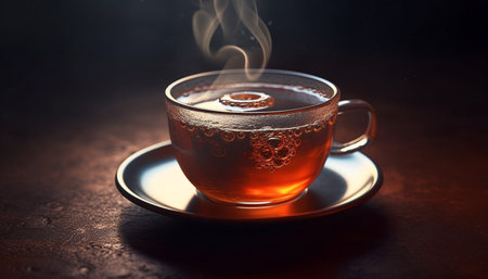 Fresh coffee steam rises from elegant glass mug generated by artificial intelligenceの素材