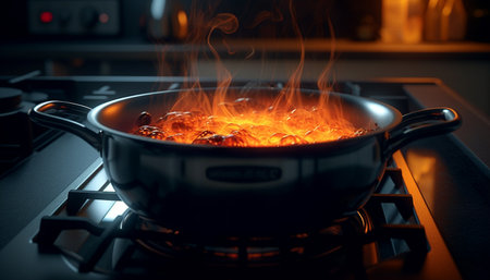 Flame on stove top heats cooking pan generated by artificial intelligenceの素材