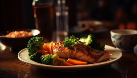 Grilled seafood fillet and broccoli on plate generated by artificial intelligenceの素材