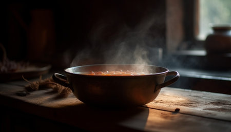 Rustic stew simmers on old fashioned stove generated by artificial intelligenceの素材