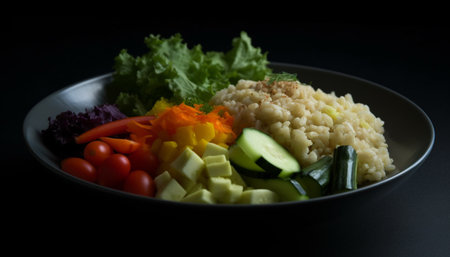 Fresh gourmet salad with organic vegetables and rice generated by artificial intelligenceの素材