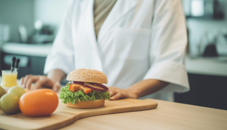 Freshly grilled burger on homemade bun, ready to eat generated by artificial intelligenceの素材
