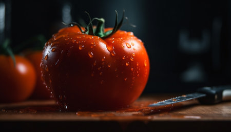Ripe tomato slice drops on wet cutting board generated by artificial intelligenceの素材