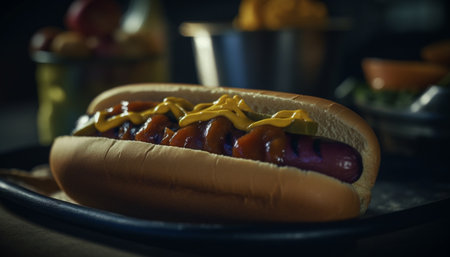 Grilled beef hot dog on a bun generated by artificial intelligenceの素材