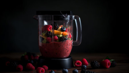 Refreshing berry smoothie in rustic wooden bowl generated by artificial intelligenceの素材