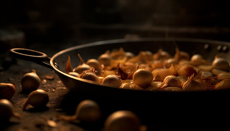 Organic vegetable meal cooked on rustic cast iron generated by artificial intelligenceの素材