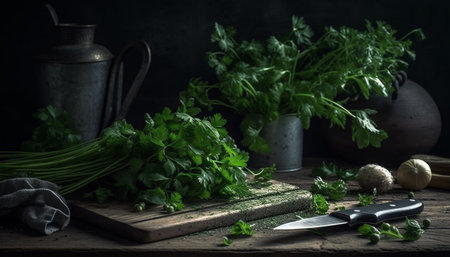 Fresh organic salad with healthy green herbs generated by artificial intelligenceの素材