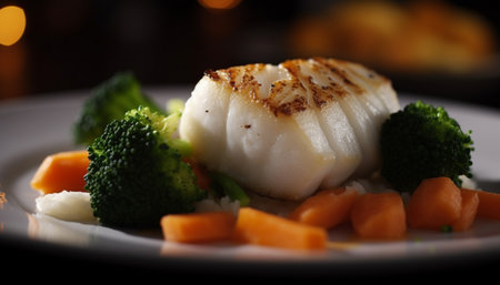 Grilled seafood fillet and vegetable salad plate generated by artificial intelligenceの素材