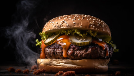 Grilled beef burger with cheese, fries, and salad generated by artificial intelligenceの素材