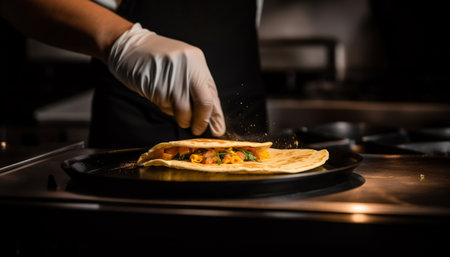 Chef hand grills homemade taco with meat generated by artificial intelligenceの素材