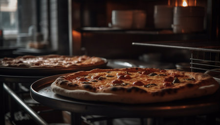 Freshly baked gourmet pizza on rustic plate generated by artificial intelligenceの素材