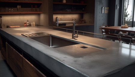 Modern stainless steel kitchen with marble elegance generated by artificial intelligenceの素材