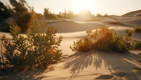 Tranquil sunrise over arid sand dunes, idyllic beauty generated by artificial intelligenceの素材