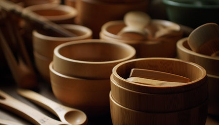 A circle of earthenware bowls in workshop generated by artificial intelligenceの素材