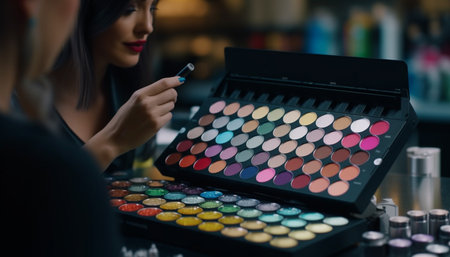 Makeup artist applies eyeshadow palette, creating glamor generated by artificial intelligenceの素材