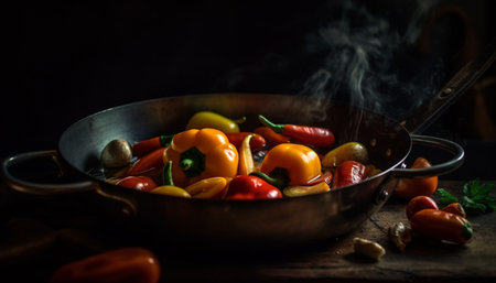 Fresh vegetables sizzle in cast iron pan generated by artificial intelligenceの素材