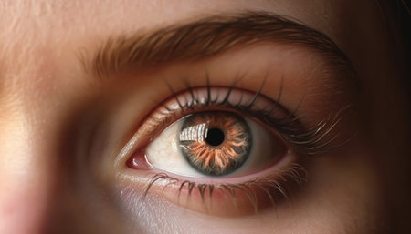 Caucasian woman iris staring at camera lens generated by artificial intelligenceの素材