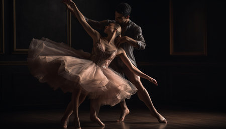 Elegant ballet dancers perform on stage together generated by artificial intelligenceの素材