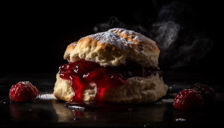 Indulgent homemade berry dessert on rustic wood table generated by artificial intelligenceの素材