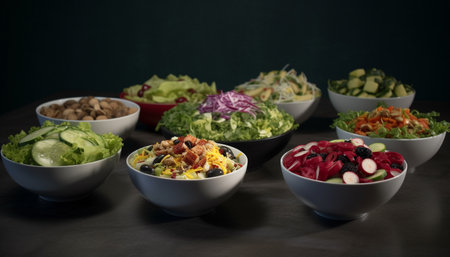 Fresh gourmet salad bowl with organic vegetables generated by artificial intelligenceの素材