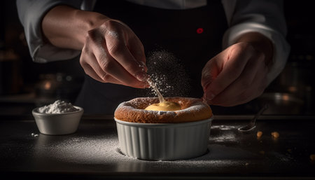 Handmade muffins baked in a dark kitchen generated by artificial intelligenceの素材